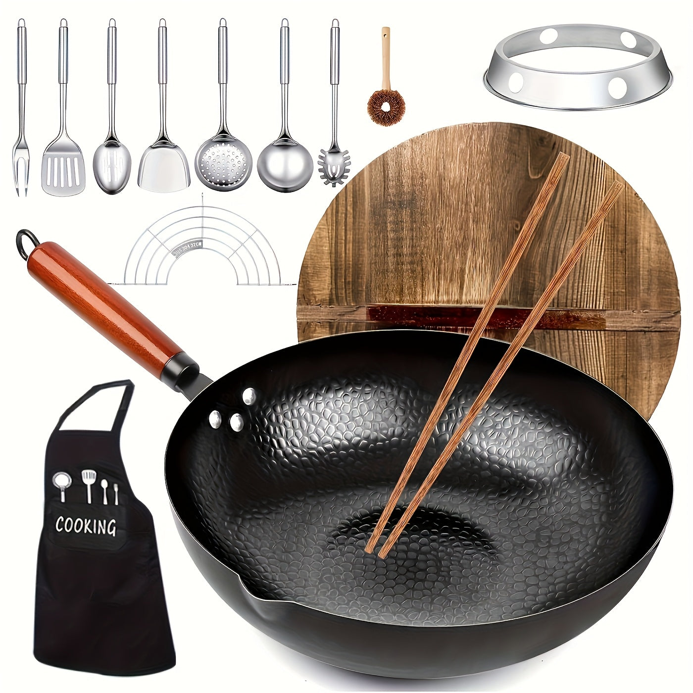 Set Cast Iron Wok with Lid & 13 Accessories