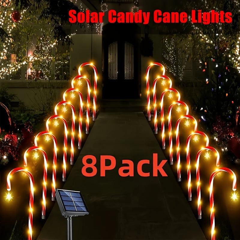 8/16 Solar-Powered Candy Cane Lights, 5-In-1, 96 LED Bulbs, 8 Lighting Modes, Indoor And Outdoor Christmas Decoration, Festive Red And White Striped Design, Suitable for Lawns, Yards, Gardens, Christmas Trees, Solar Christmas