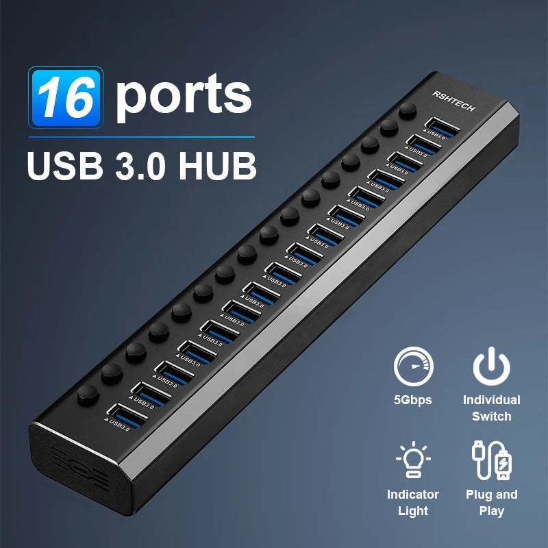 USB3.0 Hub Aluminum 10/13/16 Port Expander USB