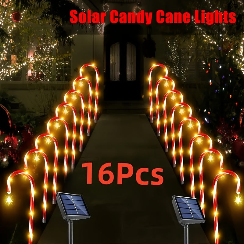 8/16 Solar-Powered Candy Cane Lights, 5-In-1, 96 LED Bulbs, 8 Lighting Modes, Indoor And Outdoor Christmas Decoration, Festive Red And White Striped Design, Suitable for Lawns, Yards, Gardens, Christmas Trees, Solar Christmas