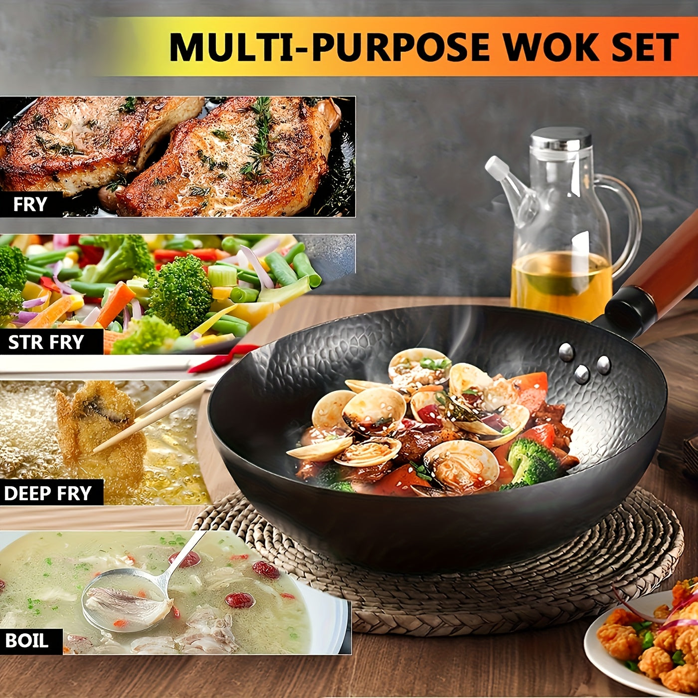 Set Cast Iron Wok with Lid & 13 Accessories