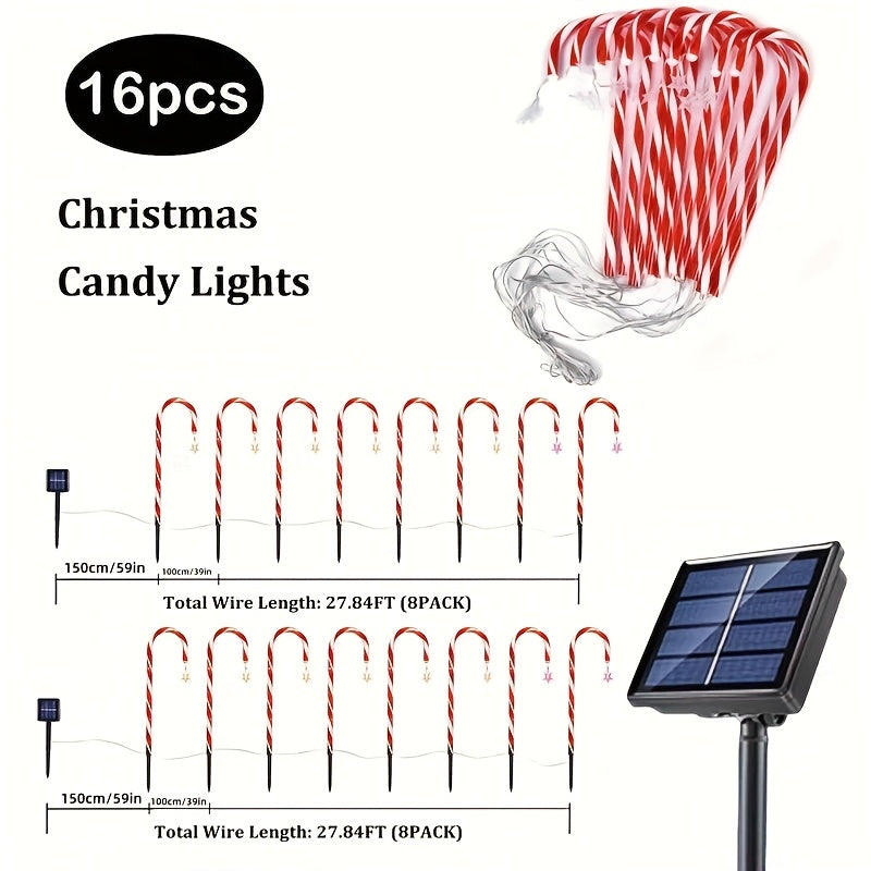 8/16 Solar-Powered Candy Cane Lights, 5-In-1, 96 LED Bulbs, 8 Lighting Modes, Indoor And Outdoor Christmas Decoration, Festive Red And White Striped Design, Suitable for Lawns, Yards, Gardens, Christmas Trees, Solar Christmas